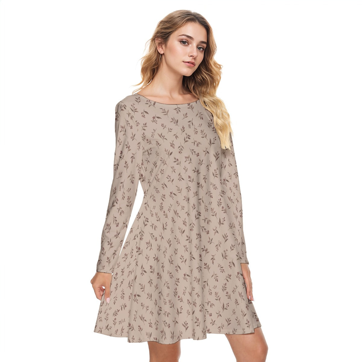 PU Soft Meadow Cotton Long Sleeve Dress - Beige