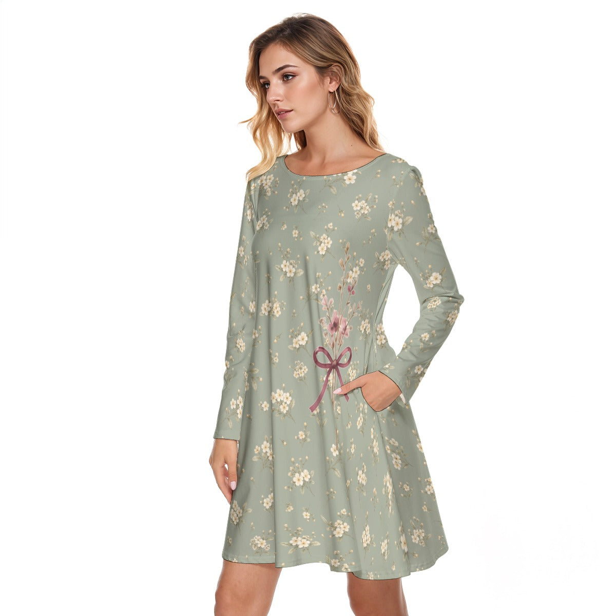 PU Sage Wildflower Cotton Long Sleeve Dress