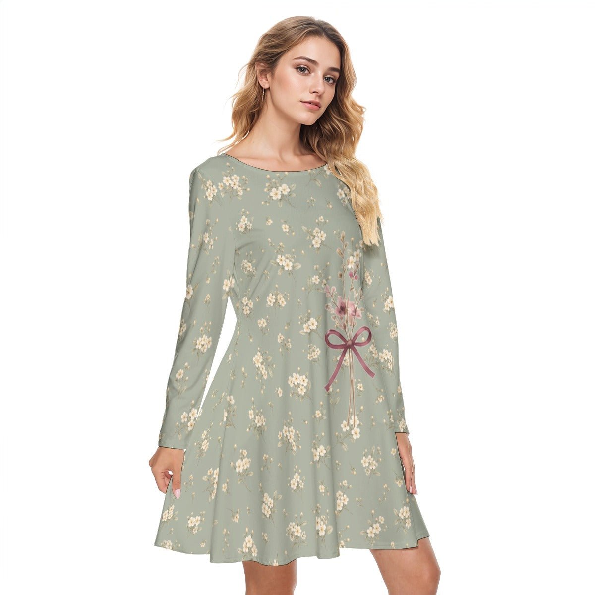 PU Sage Wildflower Cotton Long Sleeve Dress
