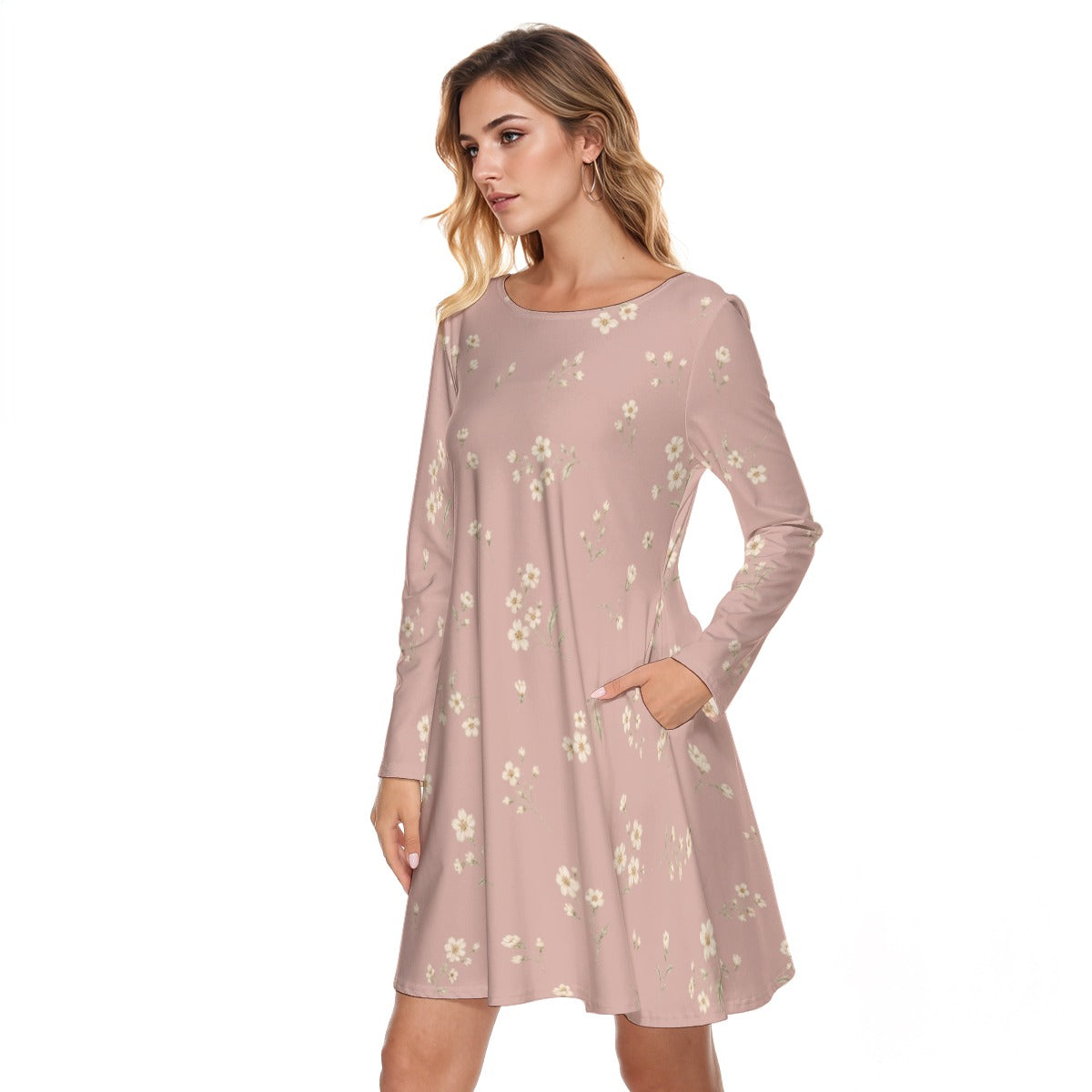 PU Soft Meadow Cotton Long Sleeve Dress - Rose Pink