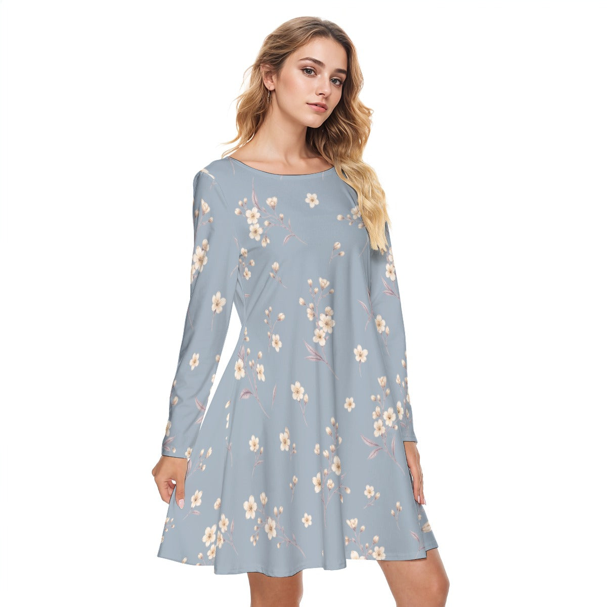 PU Powder Meadow Cotton Long Sleeve Dress