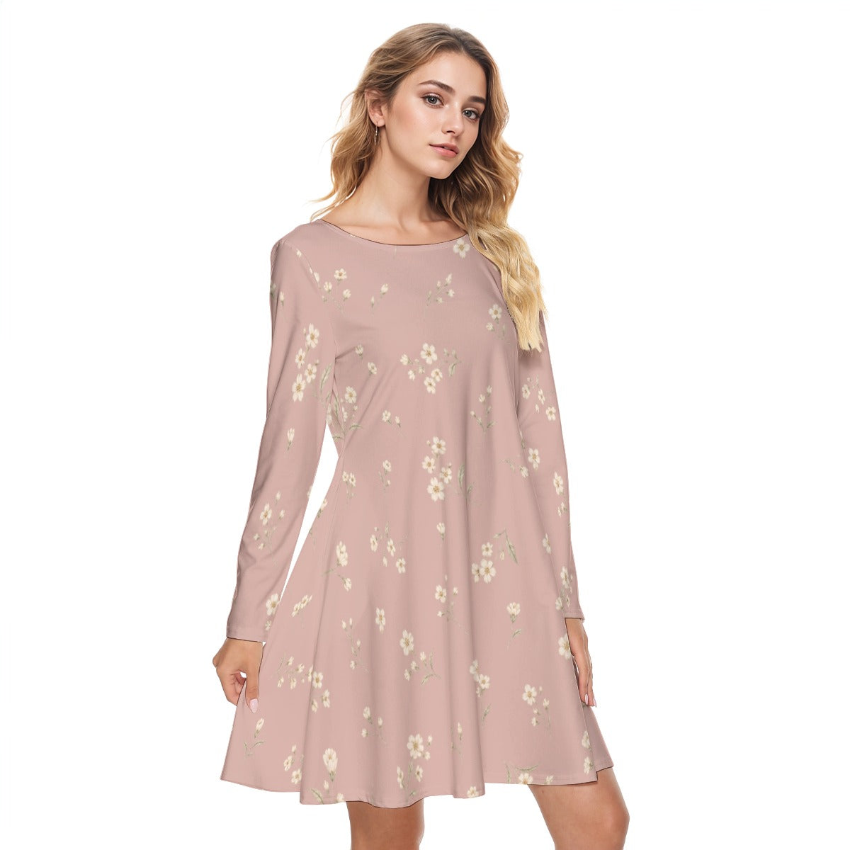 PU Soft Meadow Cotton Long Sleeve Dress - Rose Pink
