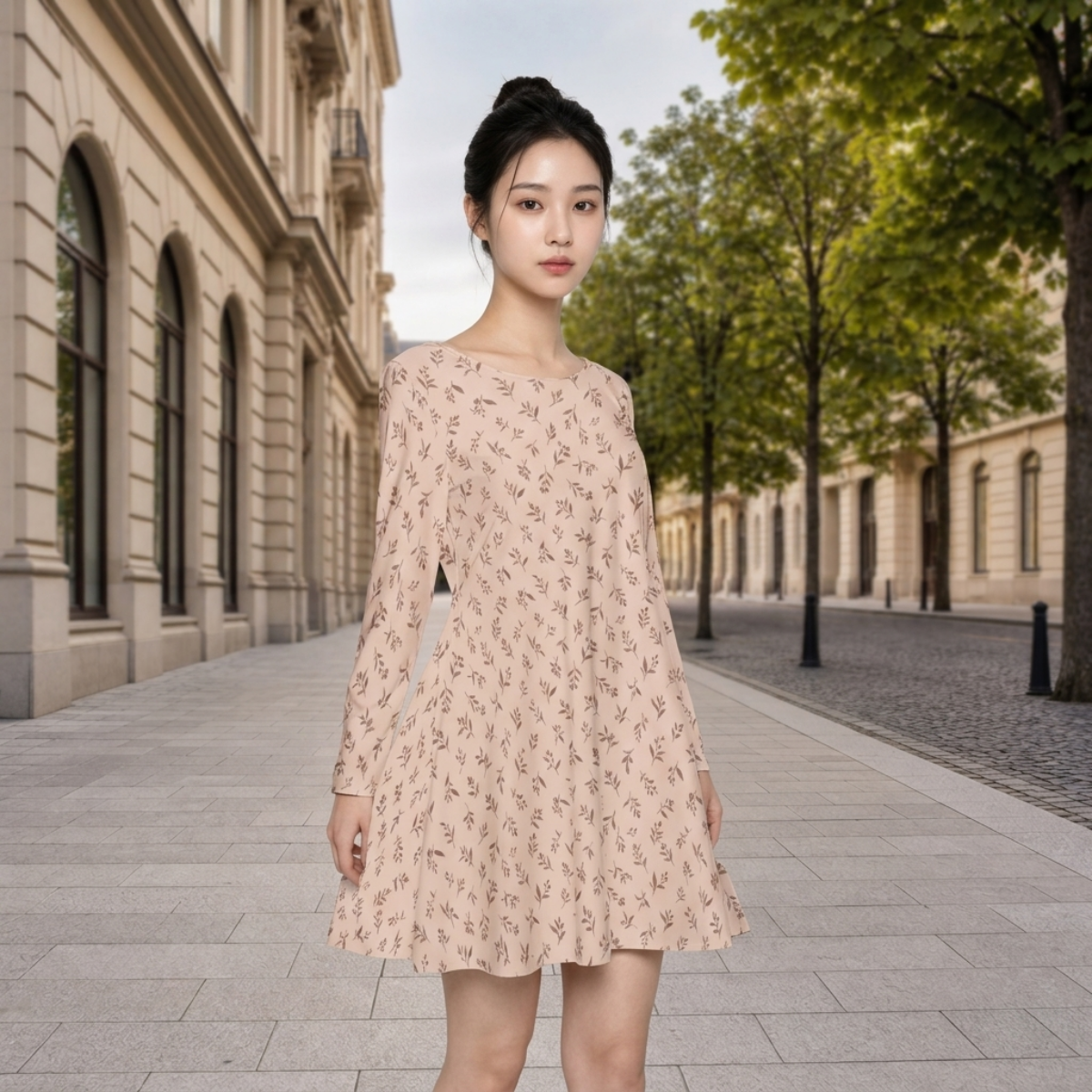 PU Soft Meadow Cotton Long Sleeve Dress - Beige