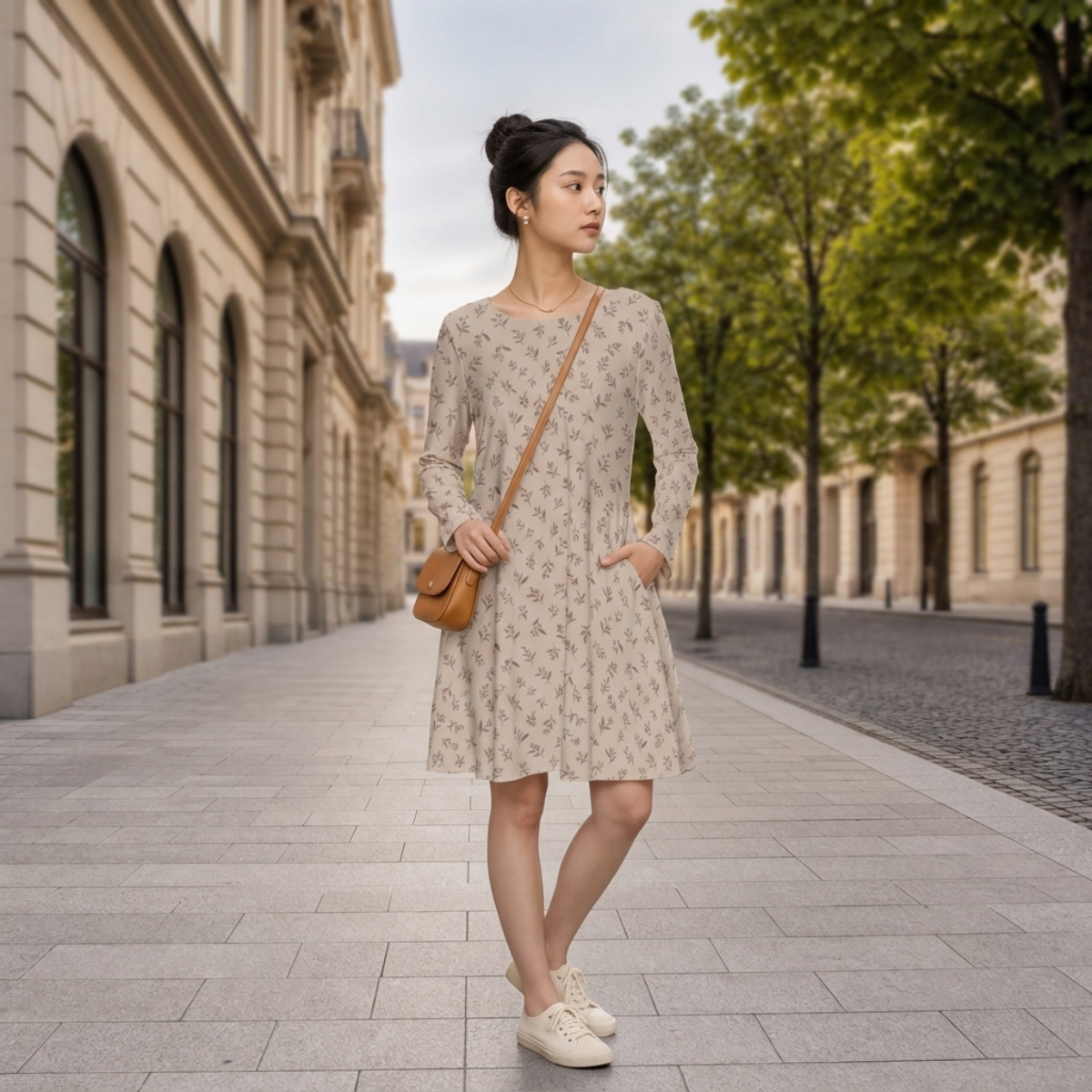 PU Soft Meadow Cotton Long Sleeve Dress - Beige