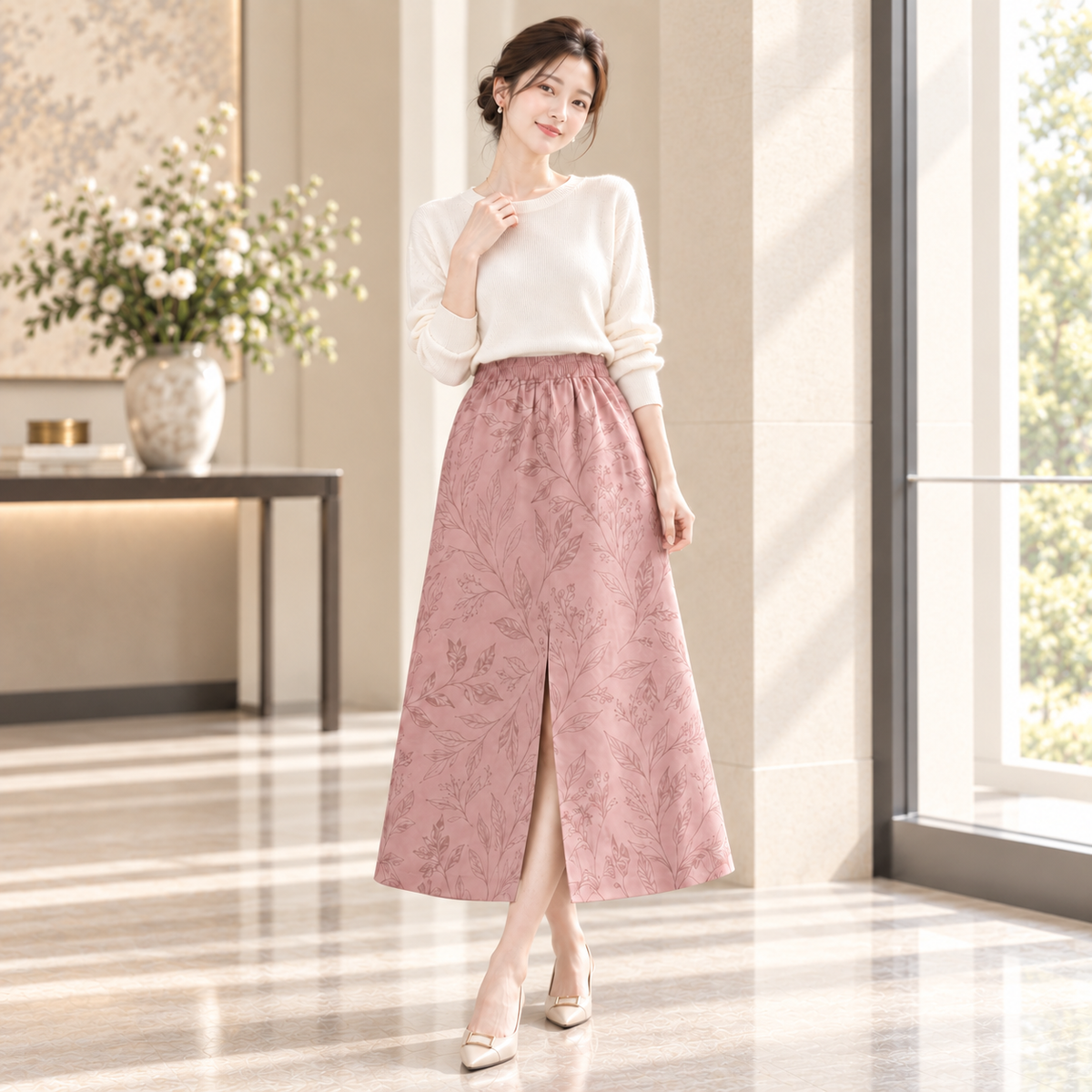 PU Dusty Botanical Cotton Canvas Midi Skirt