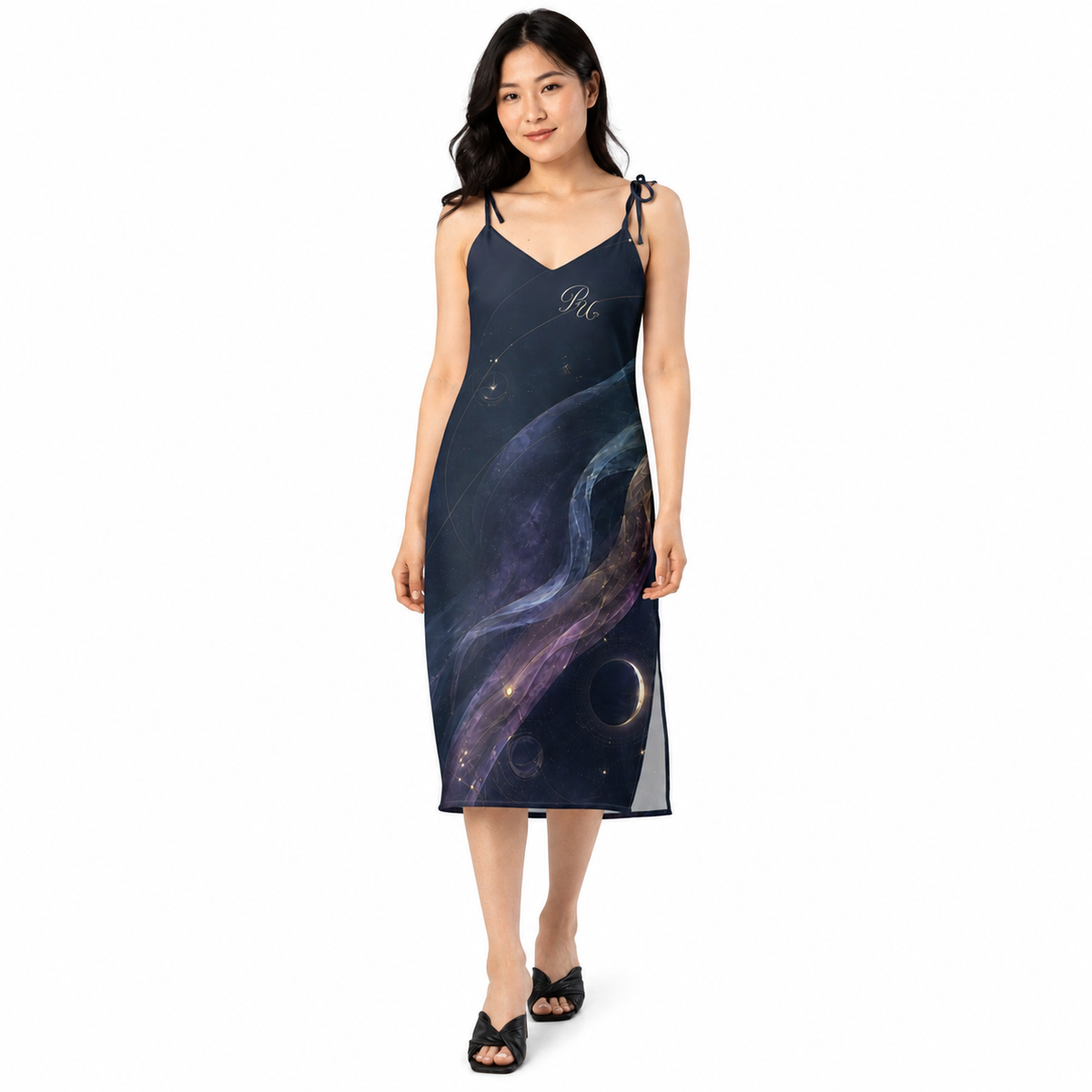 PU Celestial Ribbon タイストラップミディワンピース