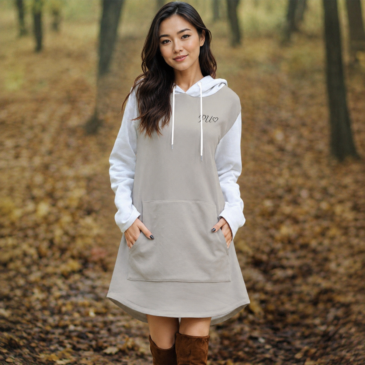 PU Soft Greige ロングラインフーディーワンピース