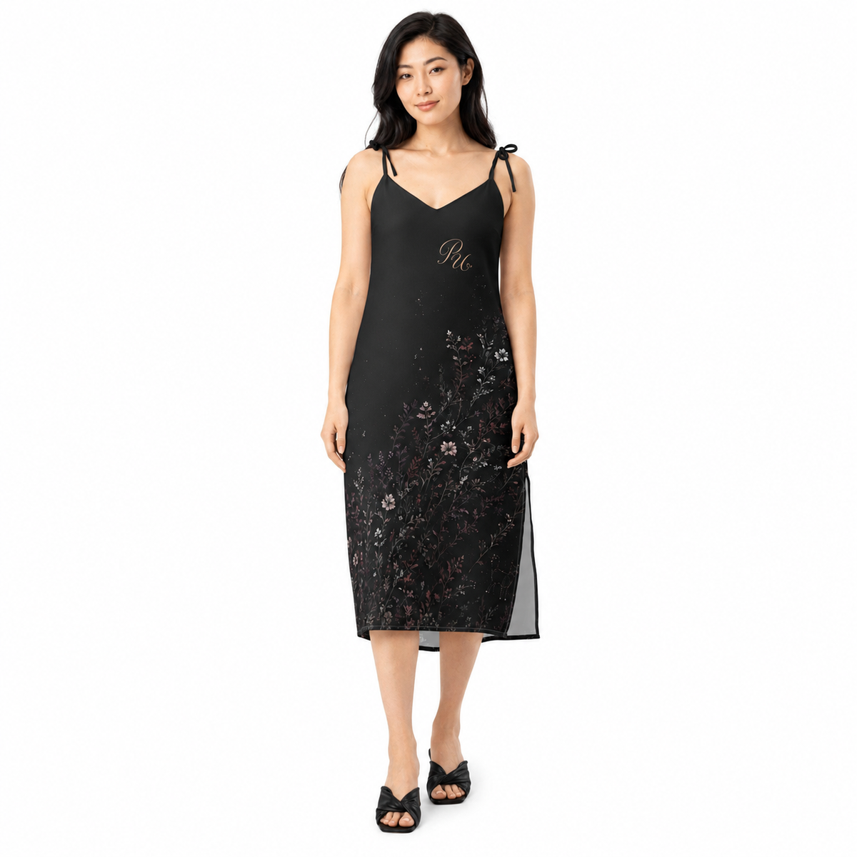 PU Midnight Herbarium Tie-Strap Midi Dress