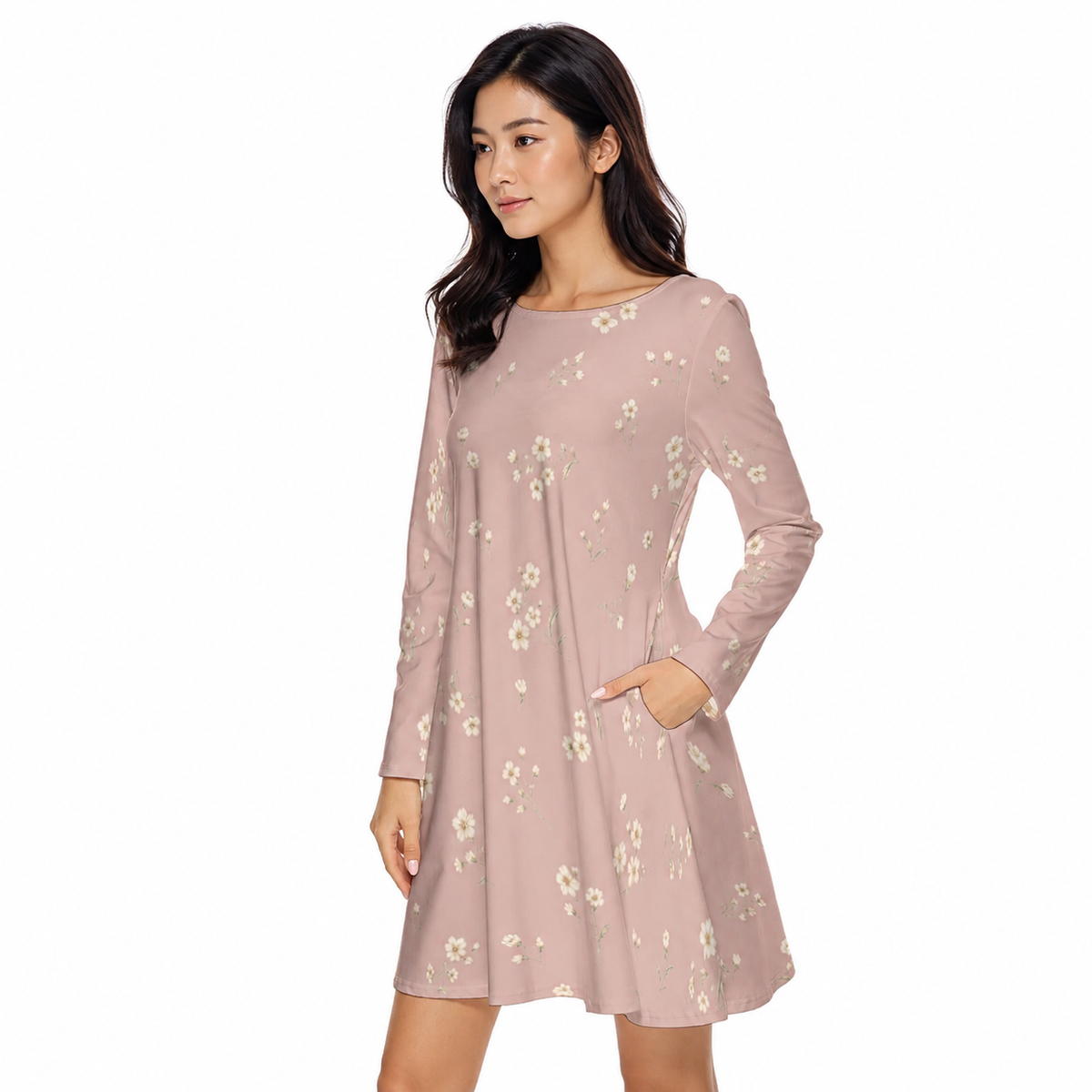 PU Soft Meadow Cotton Long Sleeve Dress - Rose Pink