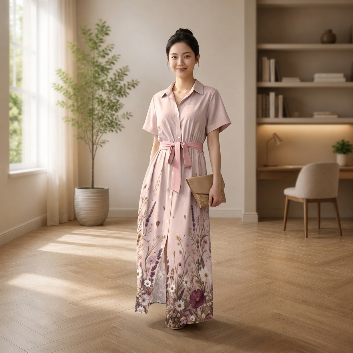 PU Rose Garden Waist-Tie Shirt Dress
