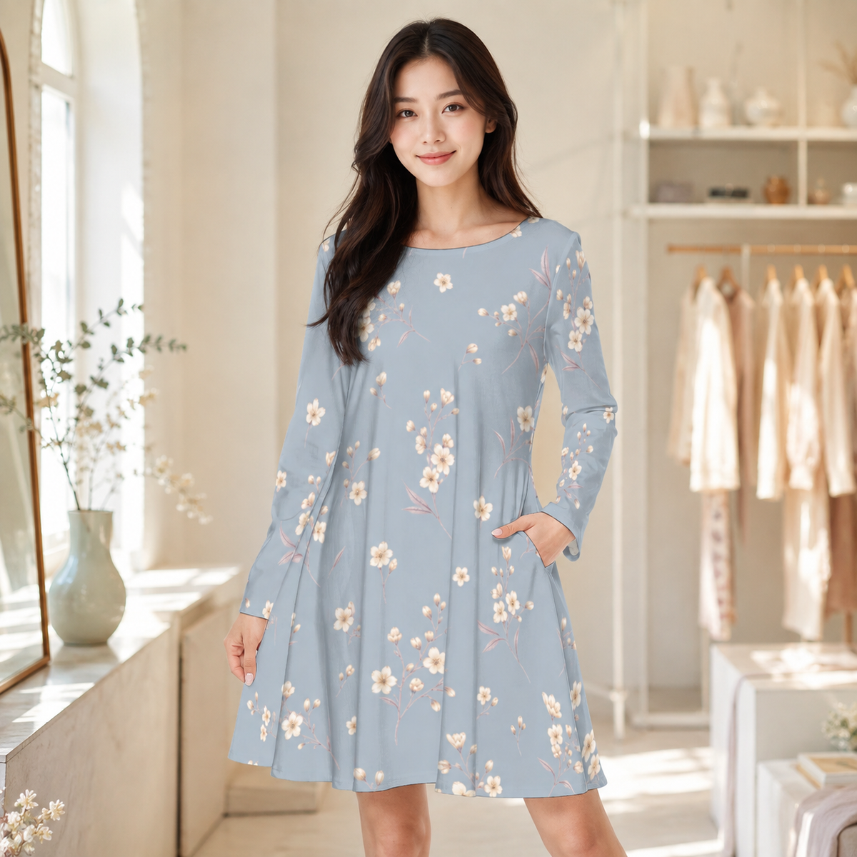 PU Powder Meadow Cotton Long Sleeve Dress