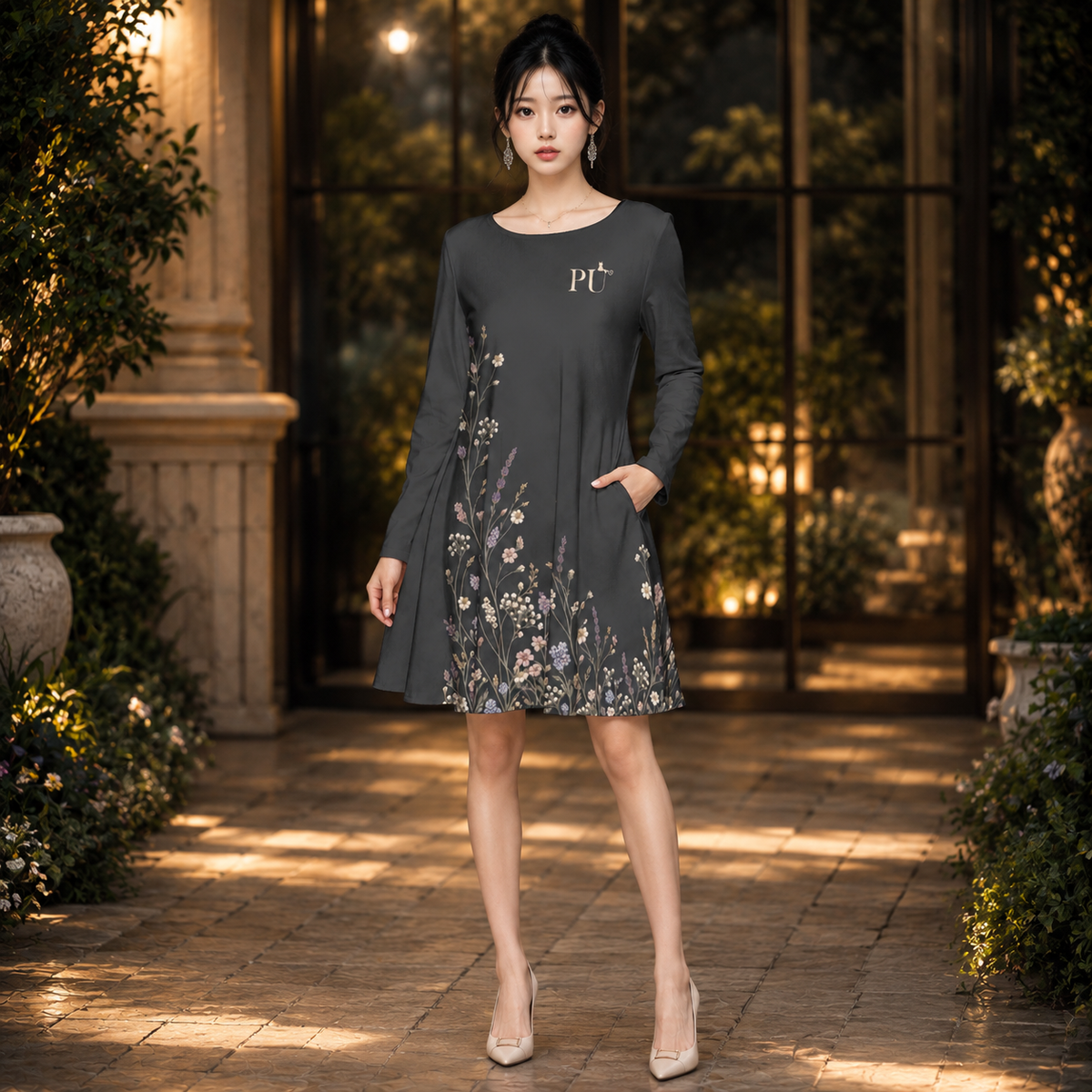 PU Meadow Night Cotton Long Sleeve Dress