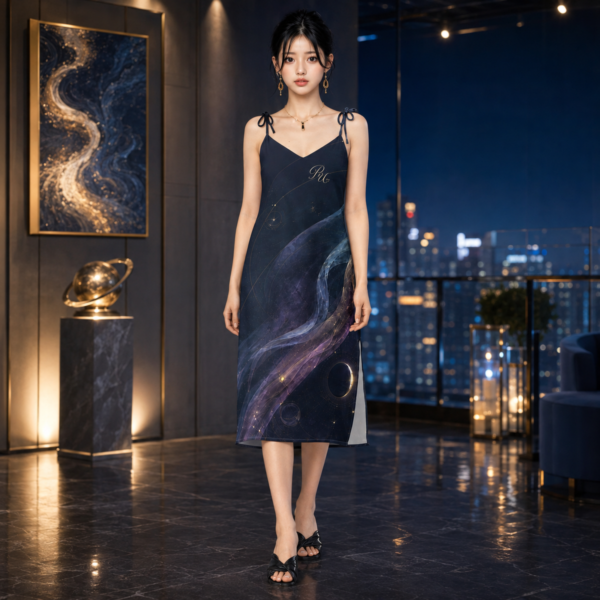 PU Celestial Ribbon タイストラップミディワンピース