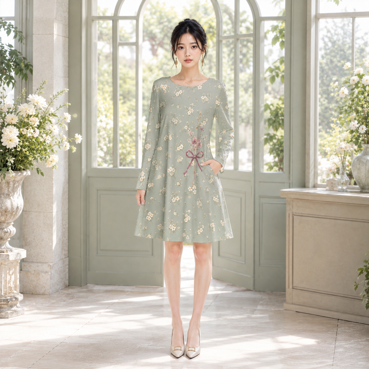 PU Sage Wildflower Cotton Long Sleeve Dress