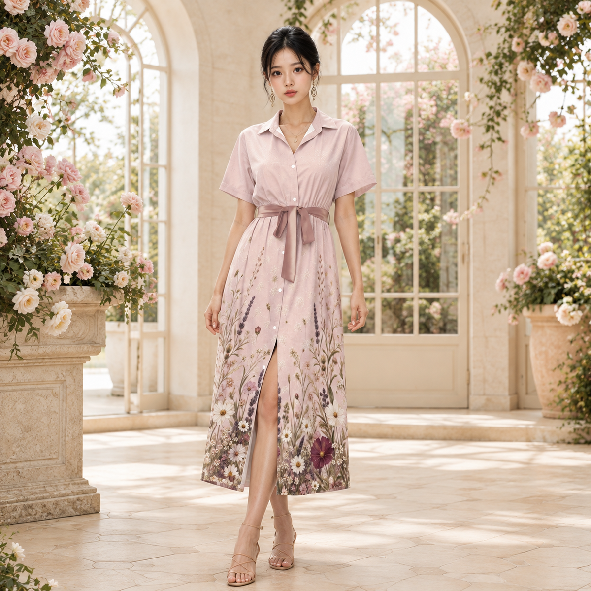 PU Rose Garden Waist-Tie Shirt Dress