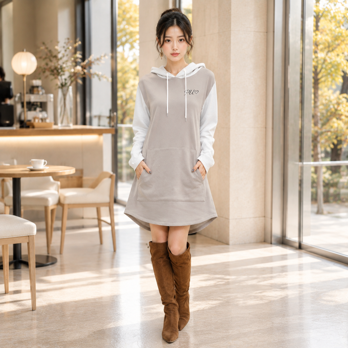 PU Soft Greige Longline Hoodie Dress