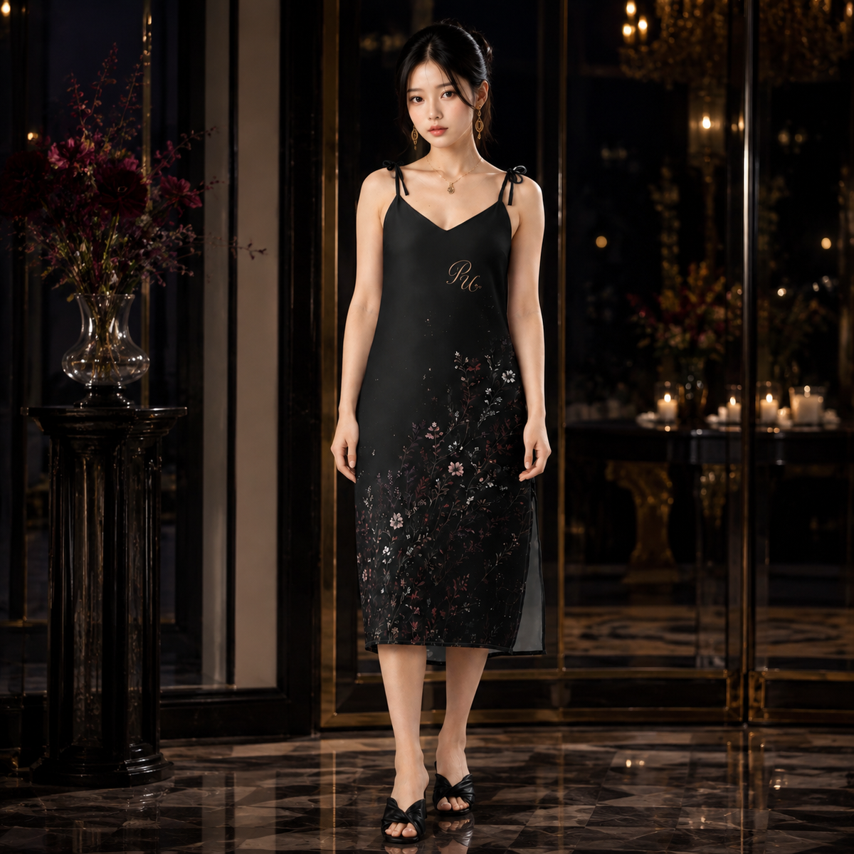 PU Midnight Herbarium Tie-Strap Midi Dress
