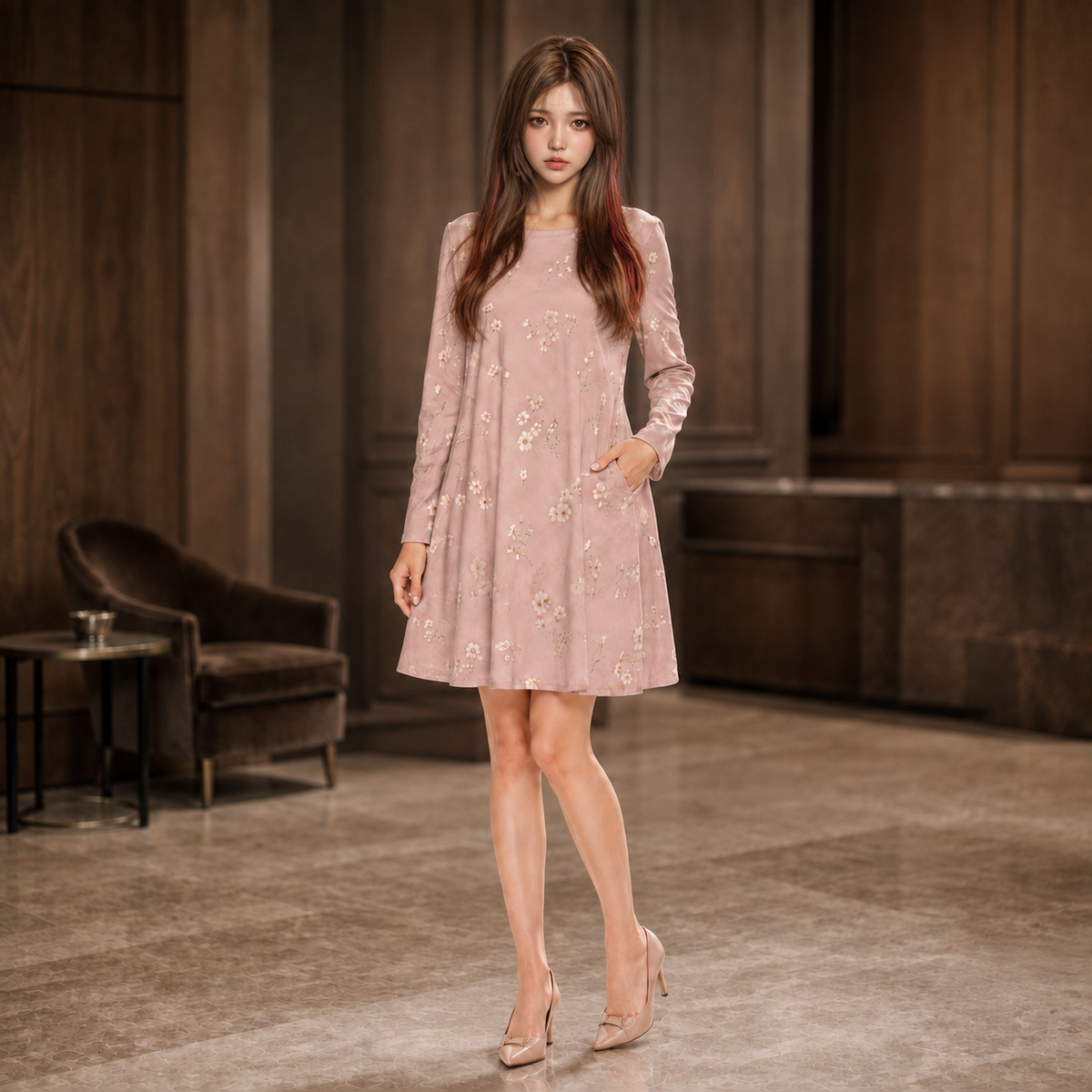 PU Soft Meadow Cotton Long Sleeve Dress - Rose Pink