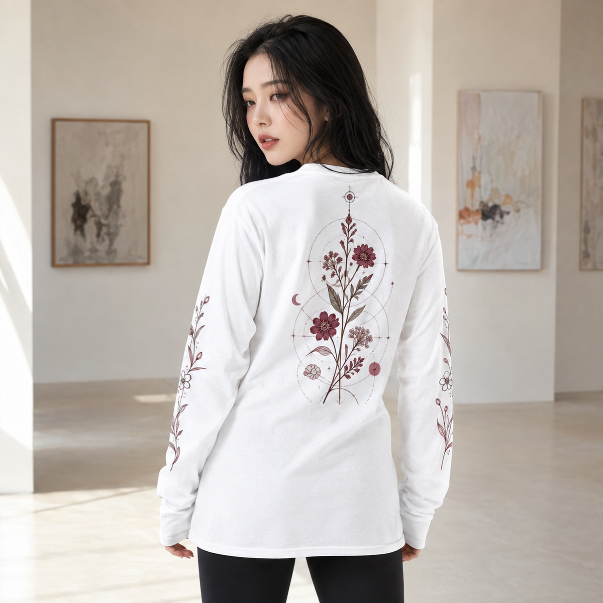 PU Crimson Botanical 4面プリント長袖Tシャツ