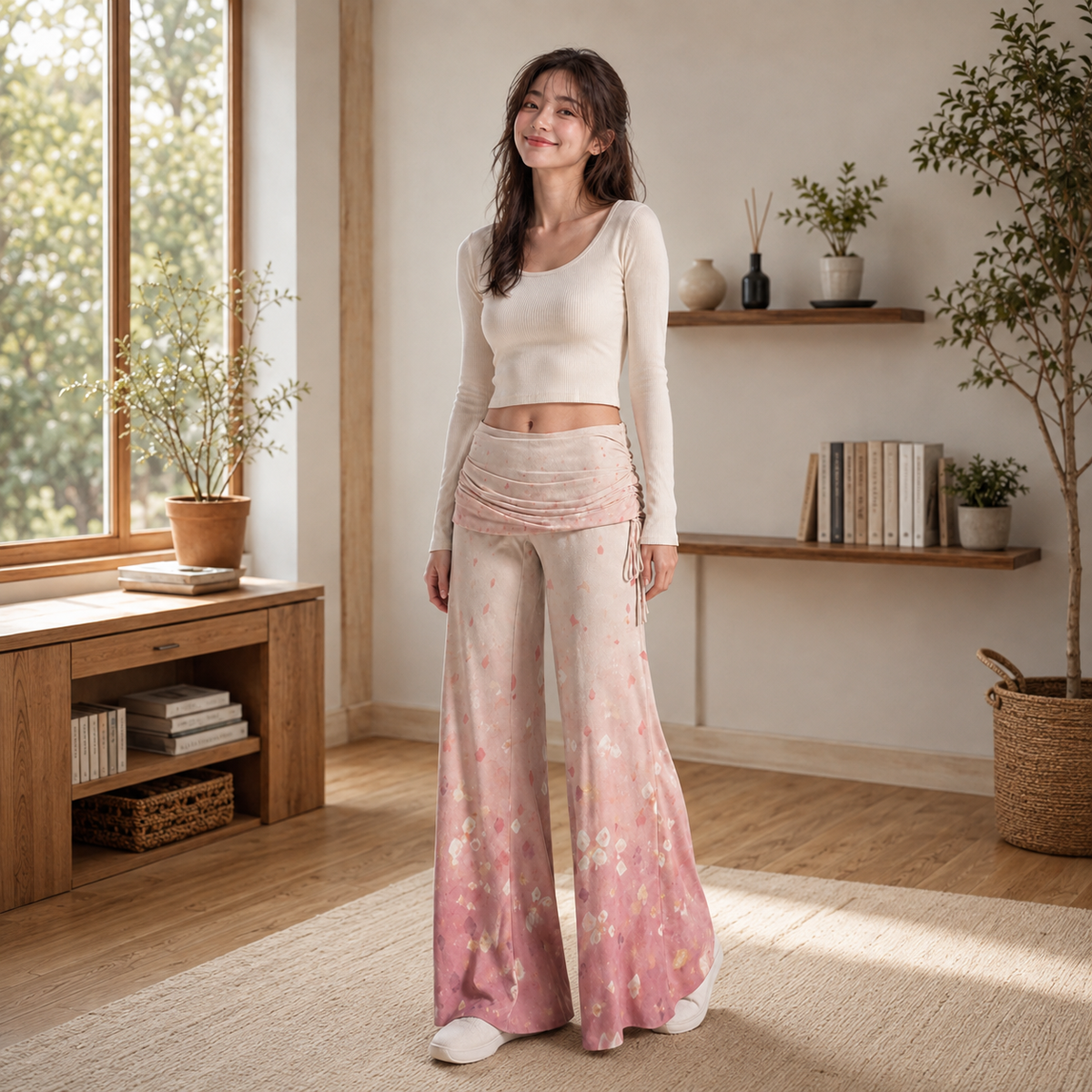 PU Petal Dusk Fold-Over Wide-Leg Pants