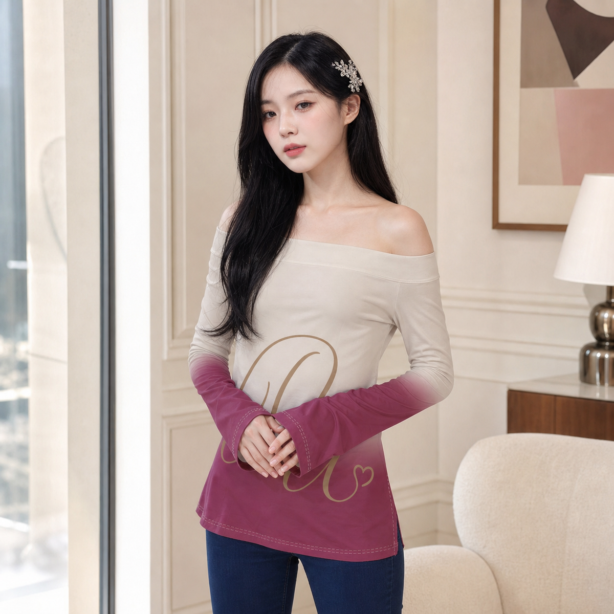 PU Rosewood Ombre Off-Shoulder Long Sleeve Top
