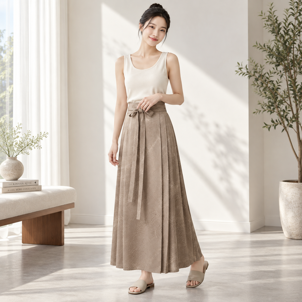 PU Taupe Dune Ribbon Pleated Maxi Skirt
