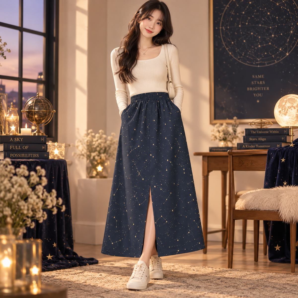 PU Midnight Constellation Cotton Midi Skirt