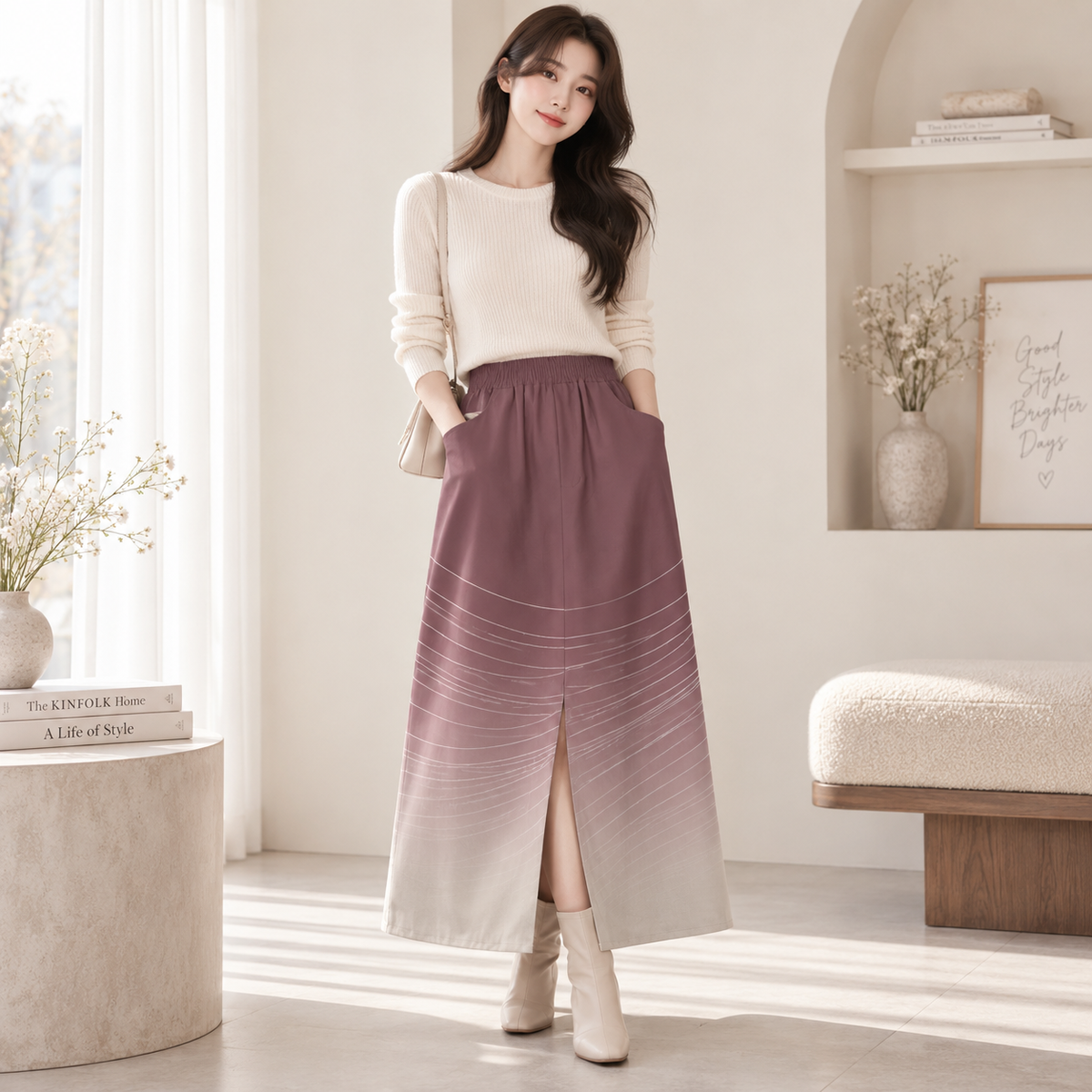PU Rose Horizon Cotton Midi Skirt