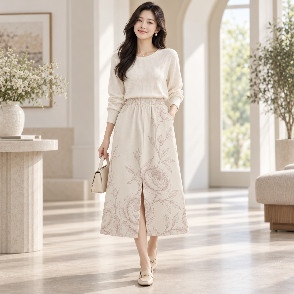 PU Ivory Botanical Cotton Canvas Midi Skirt