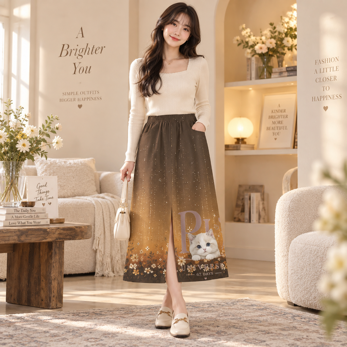 PU Golden Garden Cat Cotton Midi Skirt
