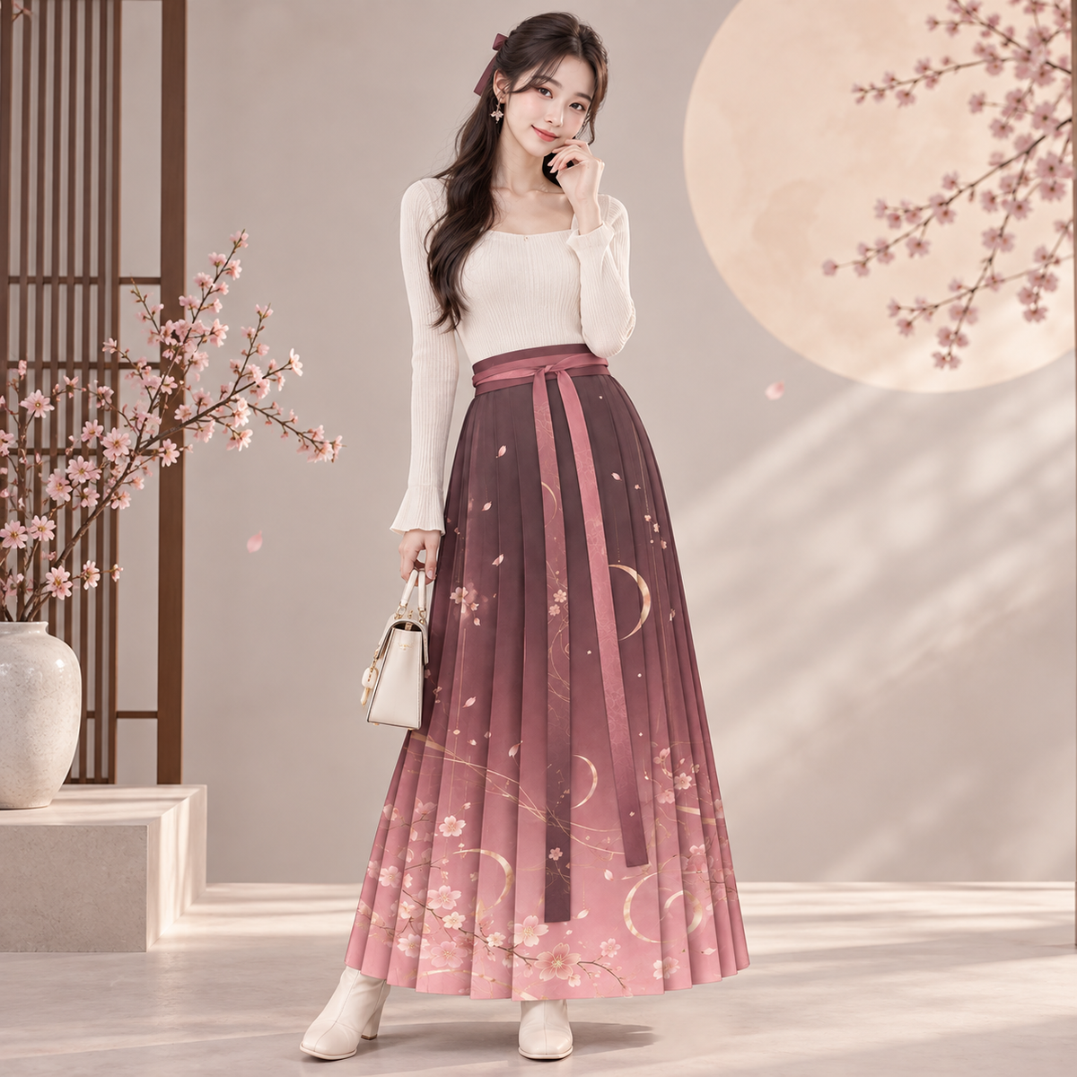 PU Rose Orbit Pleated Maxi Skirt