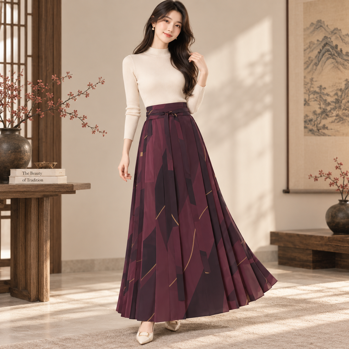 PU Wine Shadow Pleated Maxi Skirt