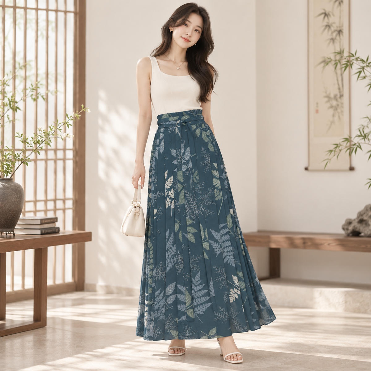 PU Mist Fern Pleated Maxi Skirt