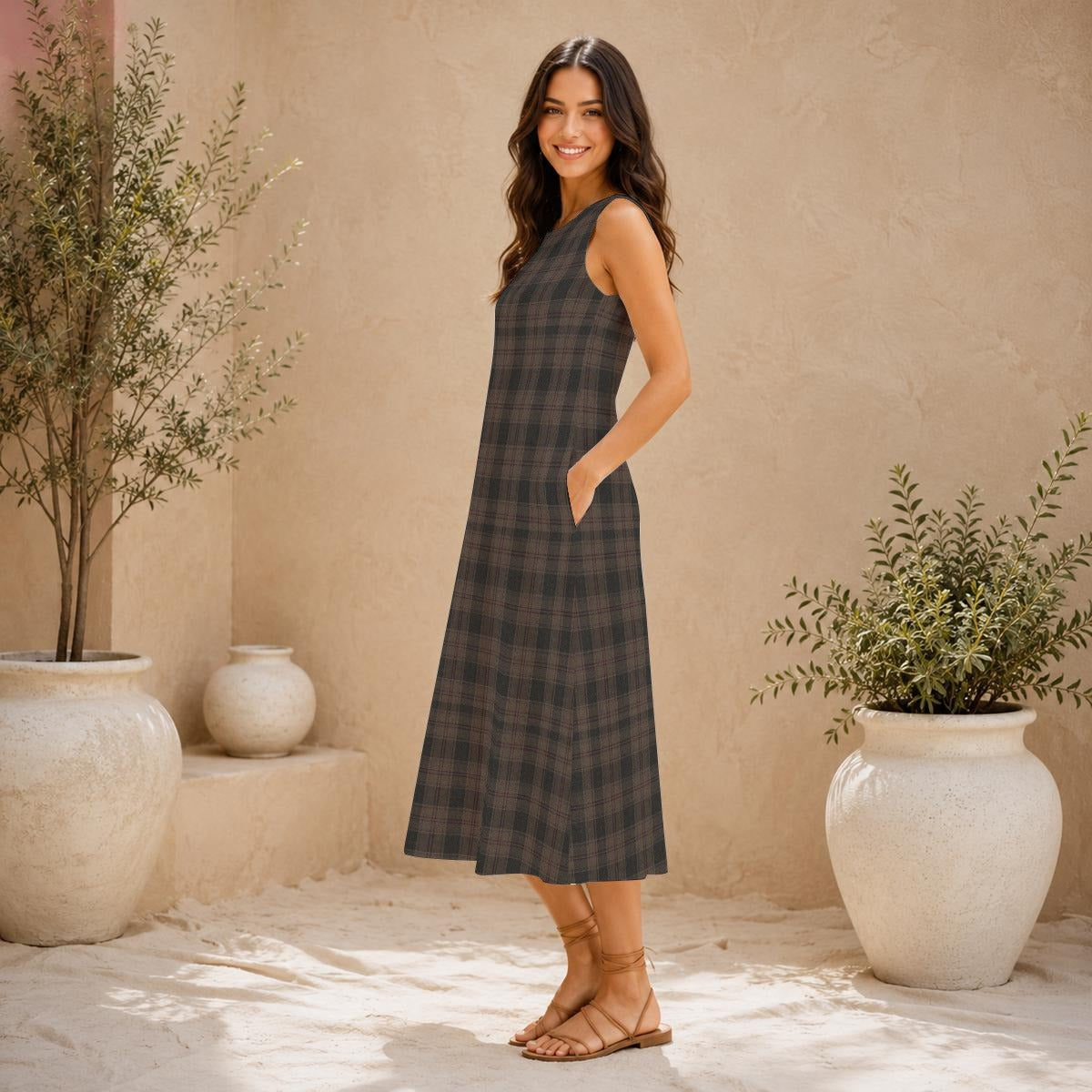 PU Autumn Check Slub Cotton Sleeveless Dress