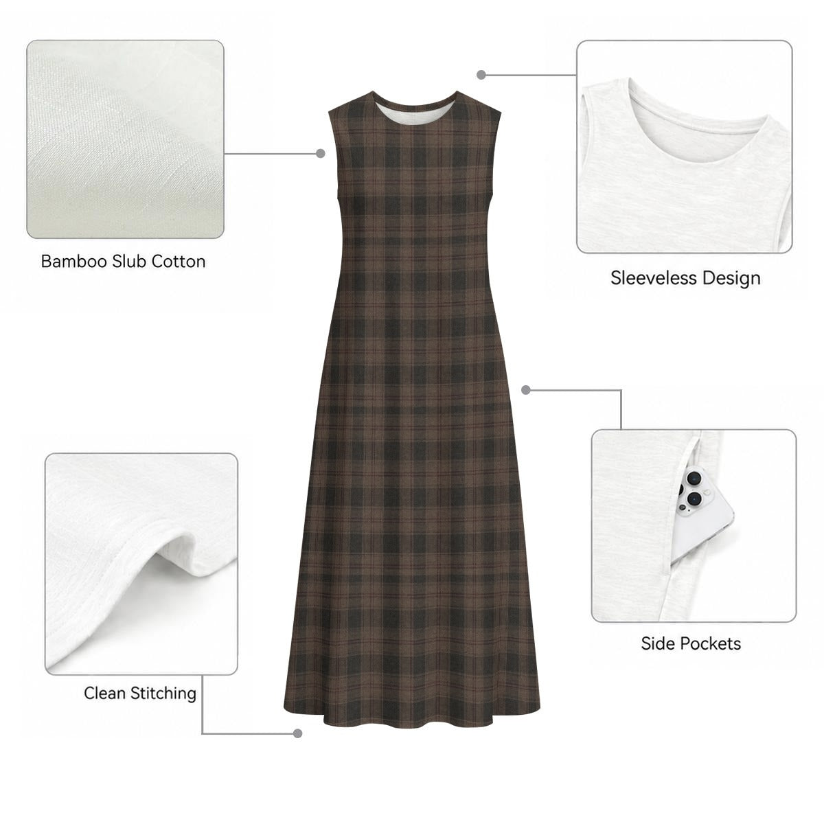 PU Autumn Check Slub Cotton Sleeveless Dress