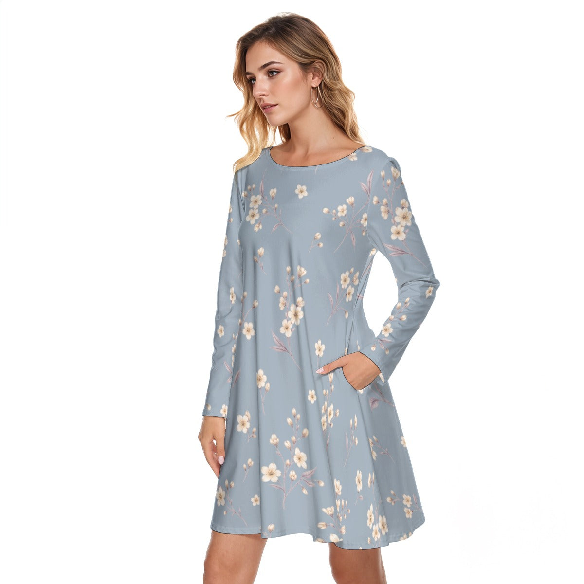 PU Powder Meadow Cotton Long Sleeve Dress