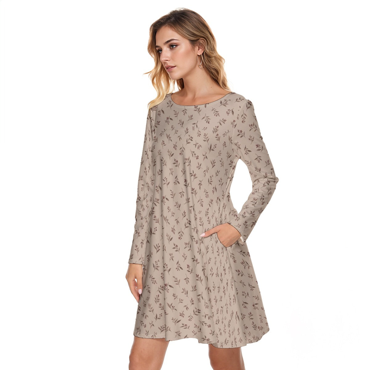 PU Soft Meadow Cotton Long Sleeve Dress - Beige