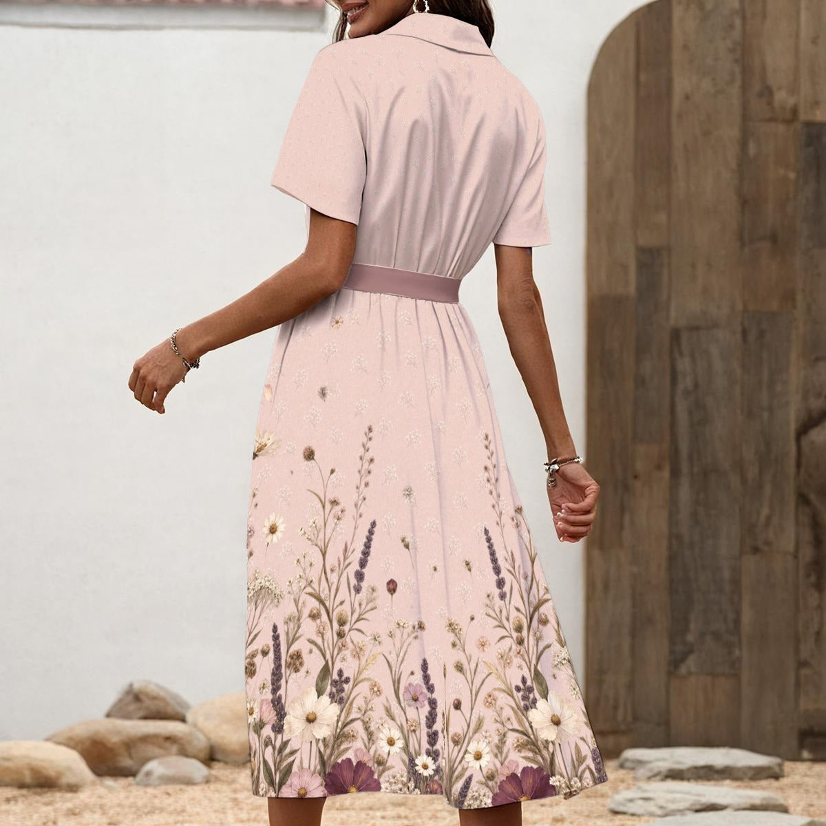 PU Rose Garden Waist-Tie Shirt Dress