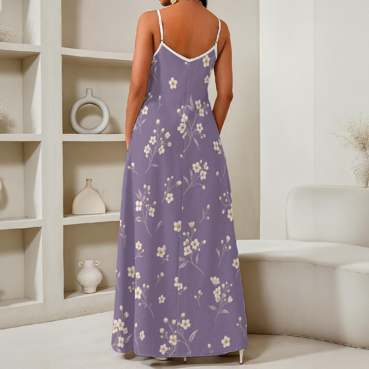 PU Lavender Bloom V-Neck Maxi Dress