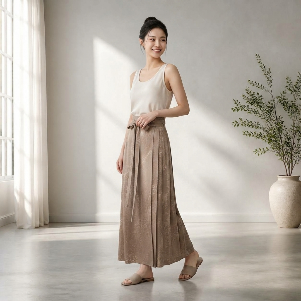 PU Taupe Dune Ribbon プリーツマキシスカート