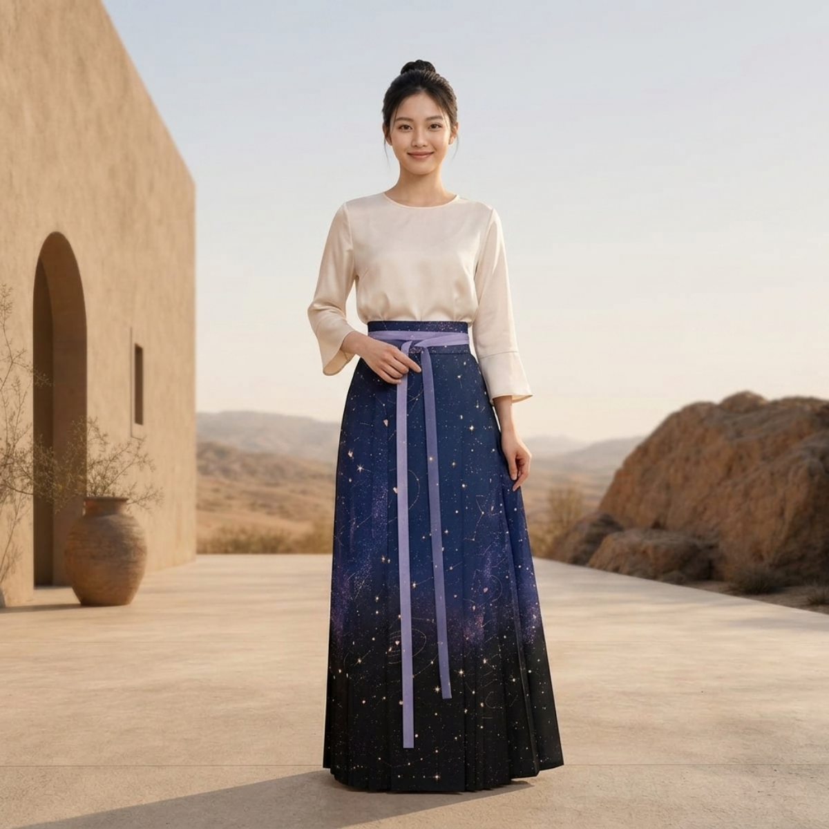 PU Celestial Ribbon Pleated Maxi Skirt