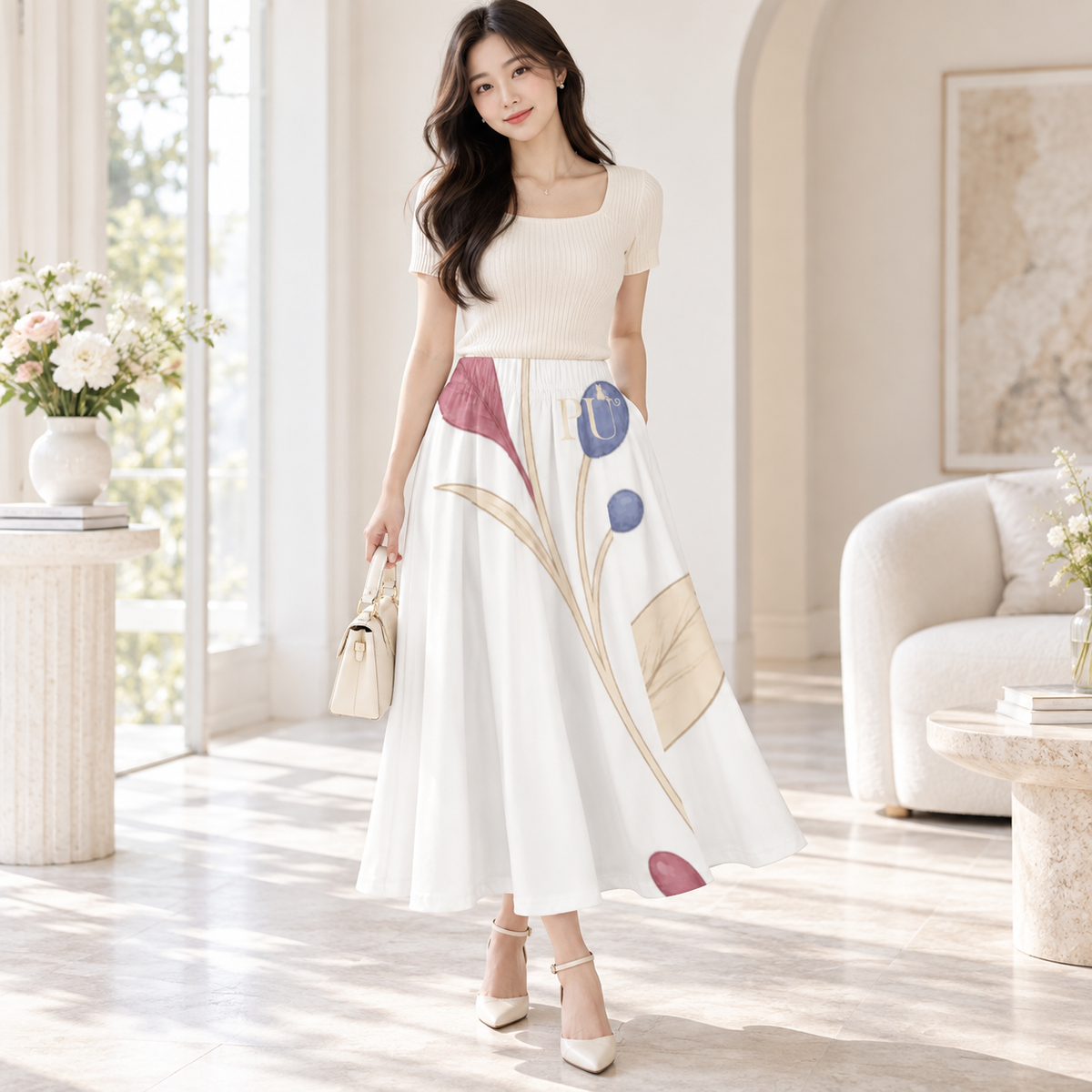 PU Parallel Garden Flow Maxi Skirt with Pockets