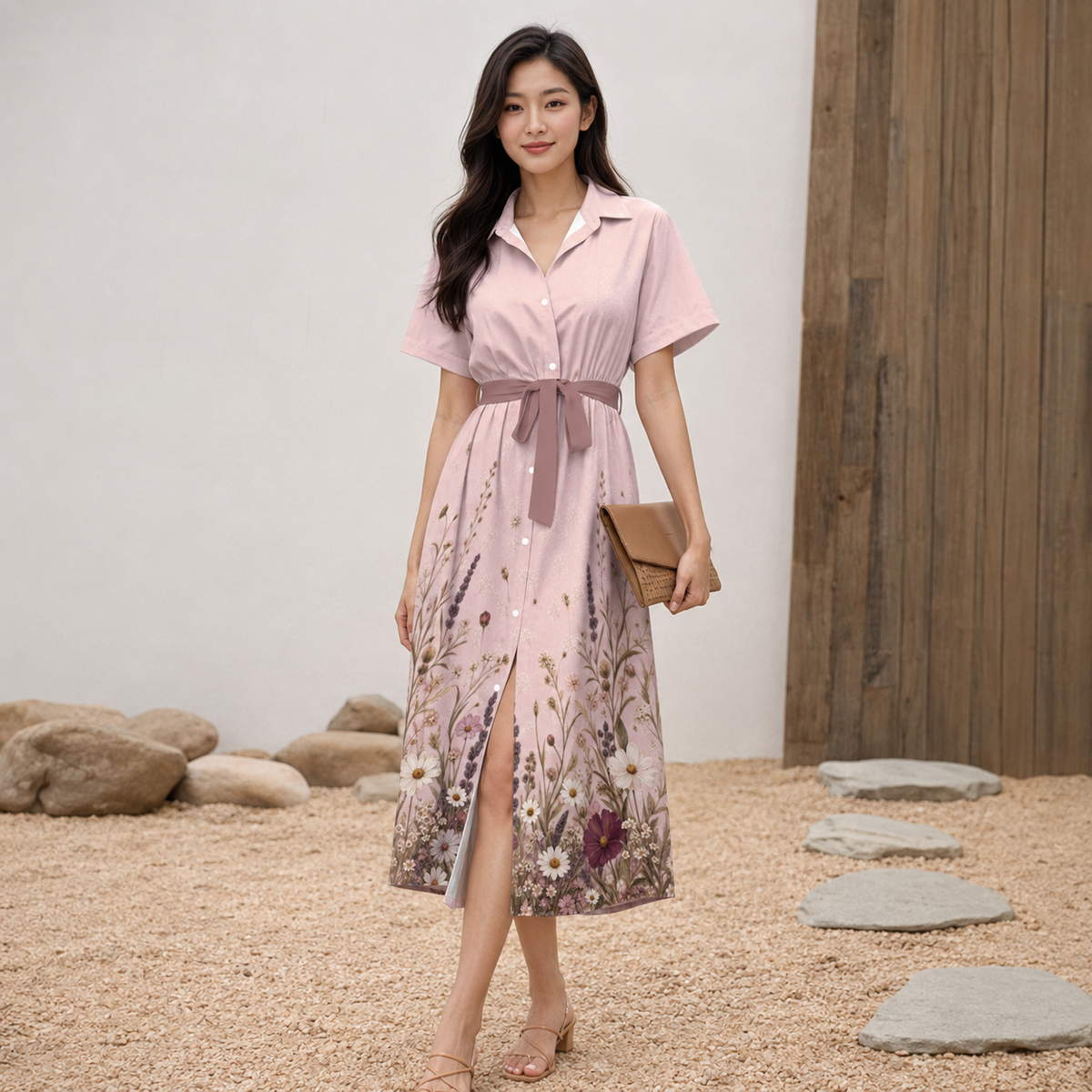 PU Rose Garden Waist-Tie Shirt Dress