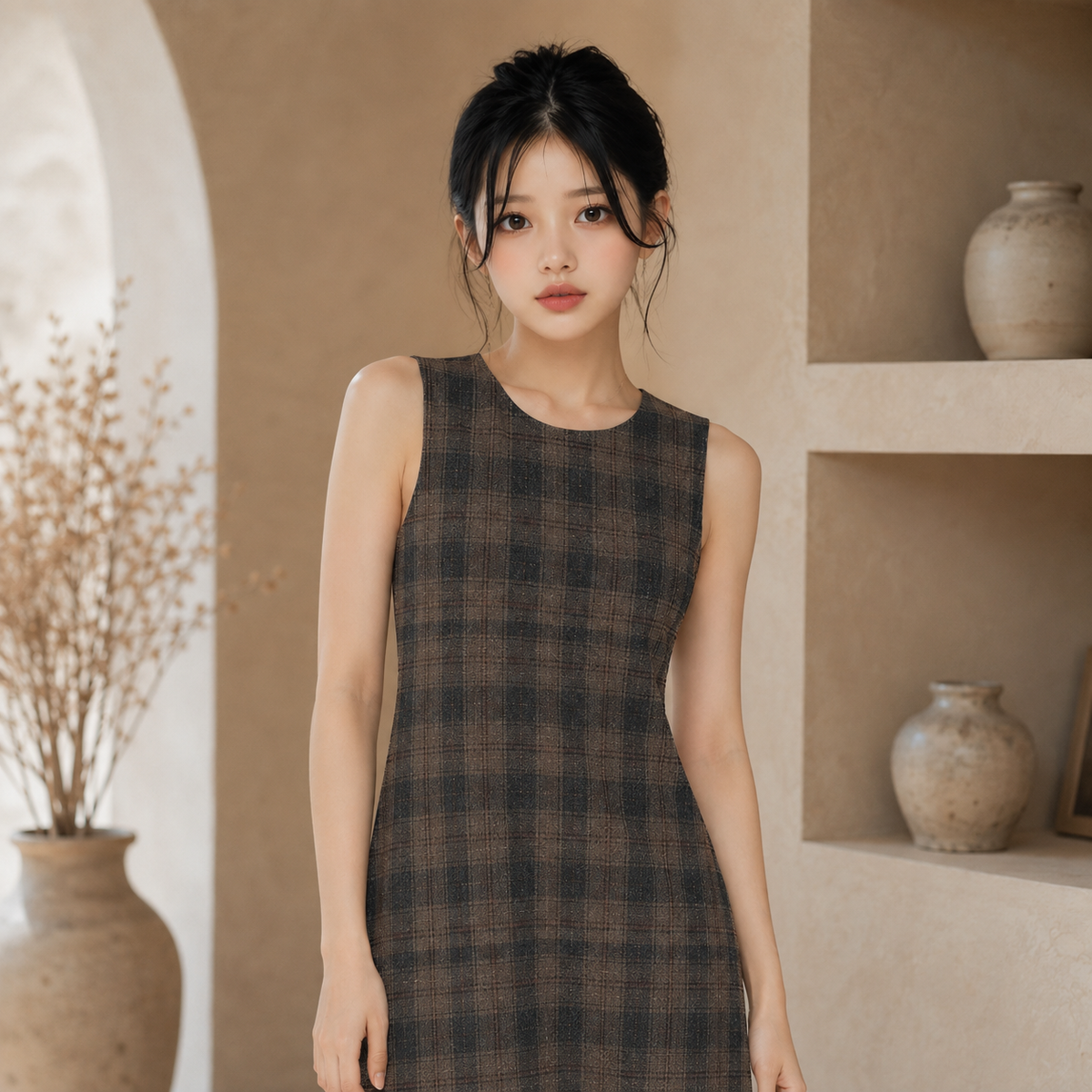 PU Autumn Check スラブコットンノースリーブワンピース