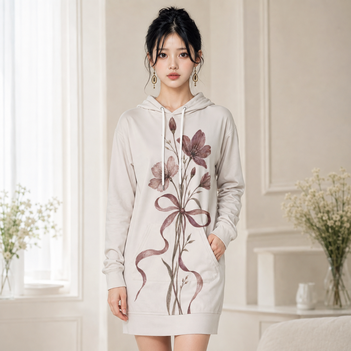 PU Botanical Grace ヘビーフリースフーディーワンピース
