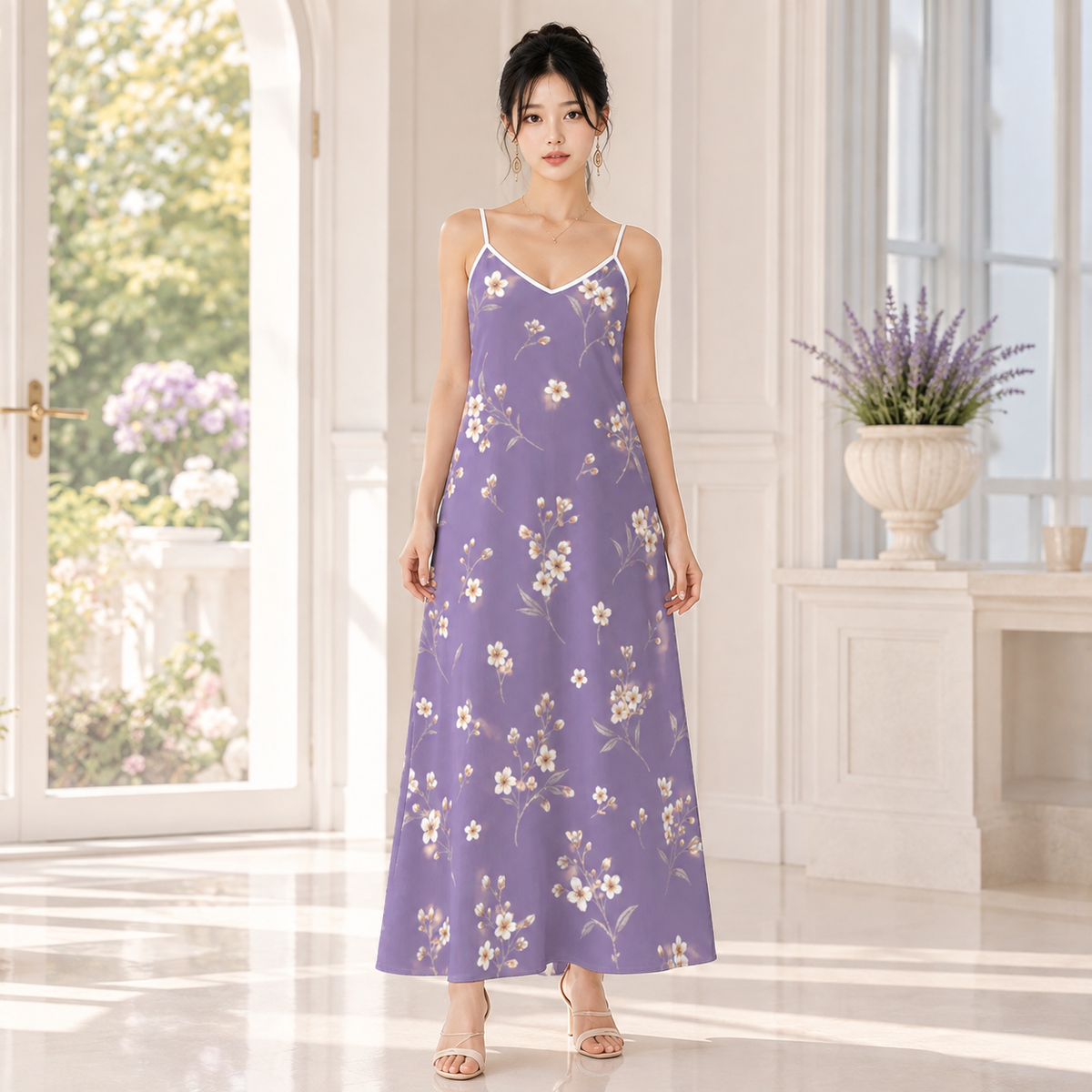 PU Lavender Bloom V-Neck Maxi Dress