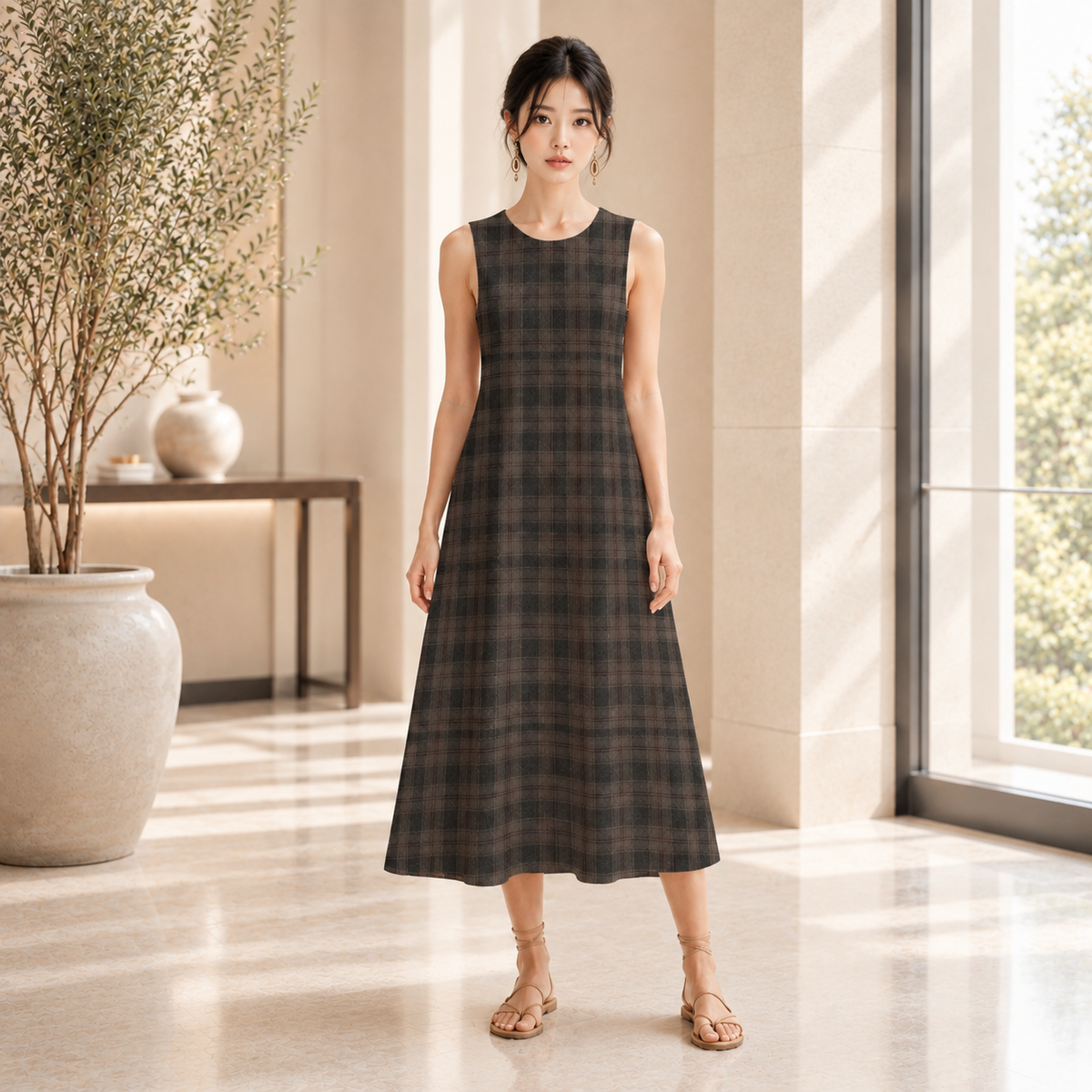 PU Autumn Check スラブコットンノースリーブワンピース