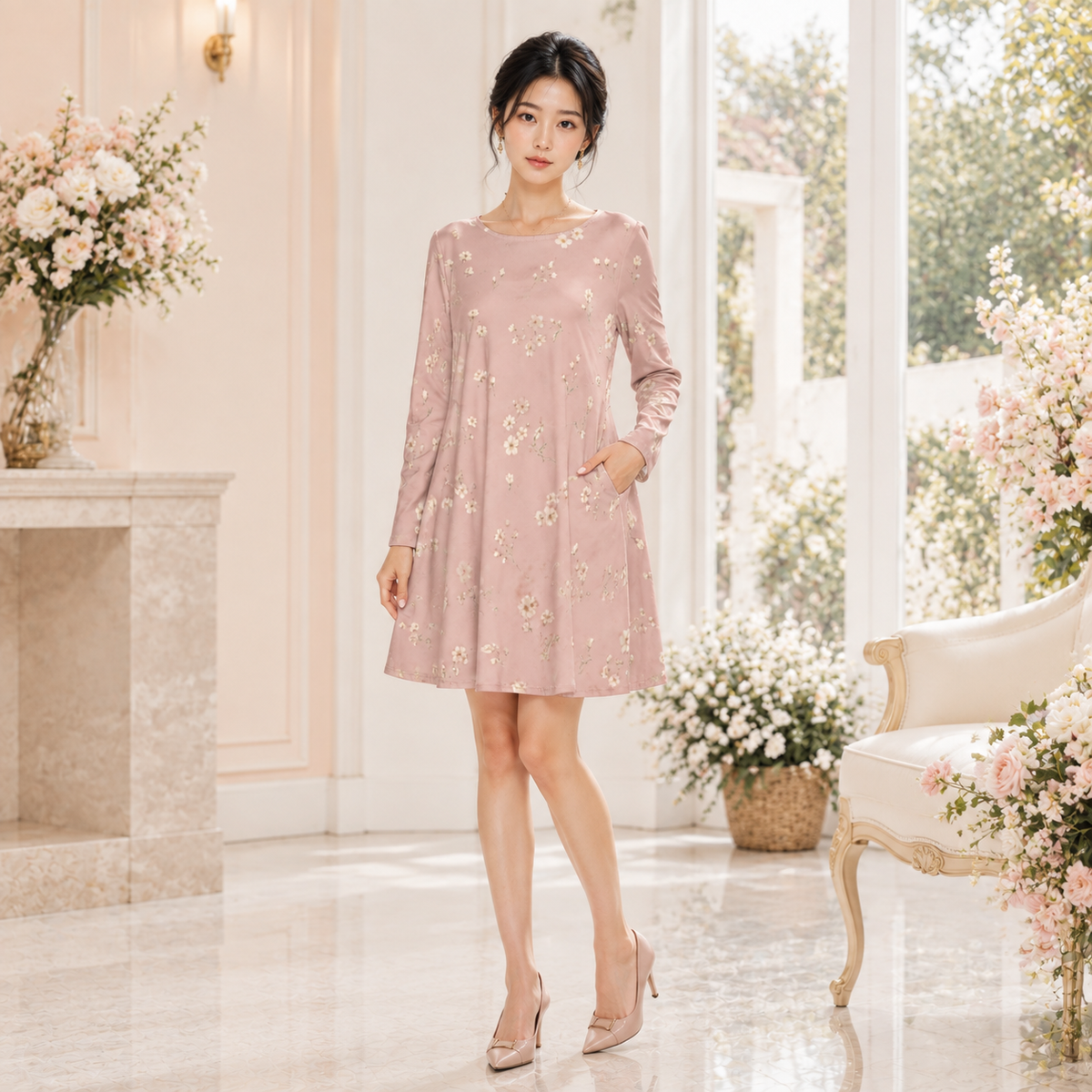 PU Soft Meadow Cotton Long Sleeve Dress - Rose Pink