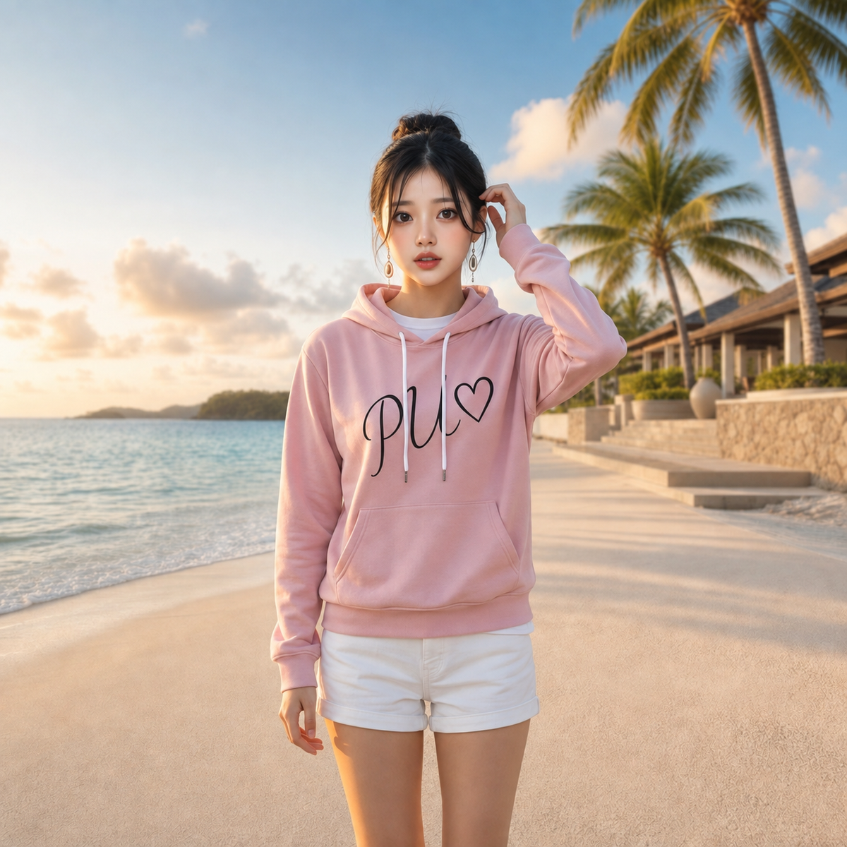 PU Blush Rose Cat Signature Heavy Fleece Hoodie worn by Arin / Dae-hye