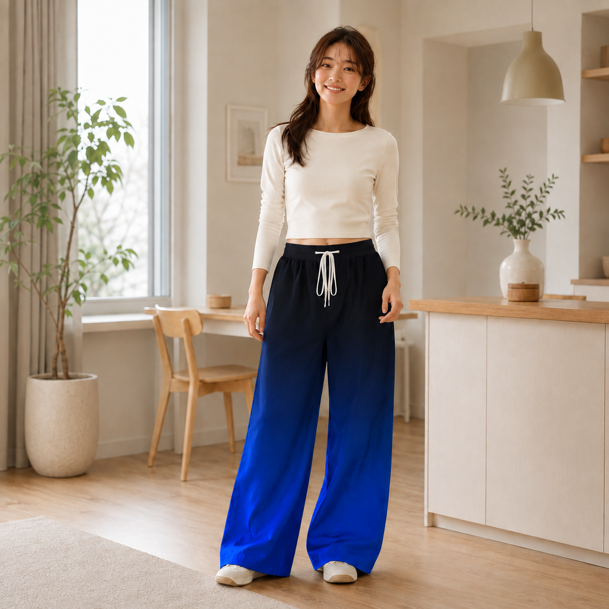 PU Midnight Blue Gradient High-Stretch Wide-Leg Pants